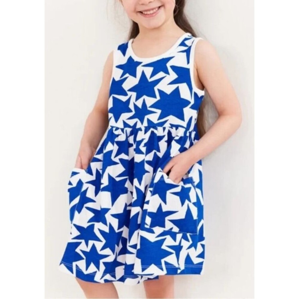 Hanna Andersson Dress Girl's 120 6 - 7 Blue White Stars Sleeveless Pocket Cotton